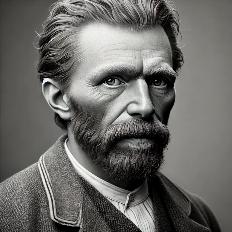 Black and white AI image of Vincent van Gogh, bearded and wearing a jacket.