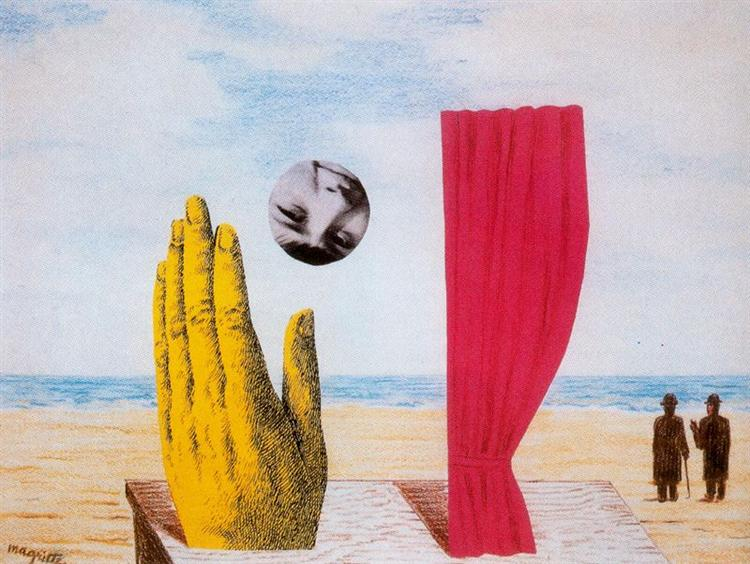 Magritte's surrealist collage showing a yellow hand, red curtain, and figures on a beach.