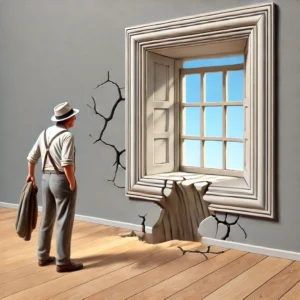 Trompe l'oeil artwork with an illusion of a 3D window on a wall