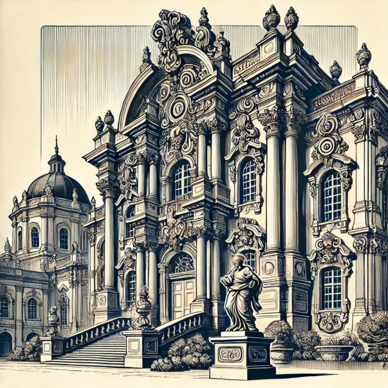 Illustreret skitse af barokarkitektur med kuppel og ornamenter