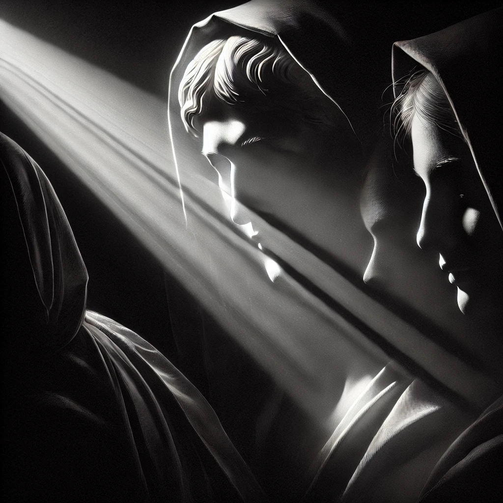 Black and white chiaroscuro image showing dramatic light and shadow on faces.