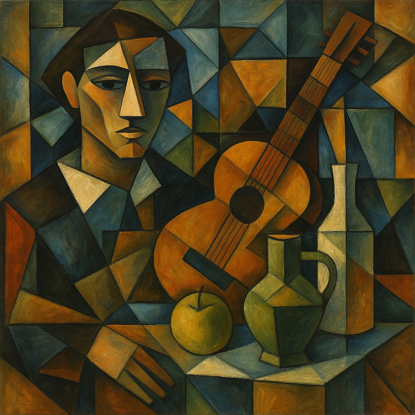 Cubist painting man with guitar apple and bottles