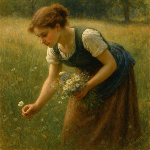 Girl picking flowers in naturalistic painting