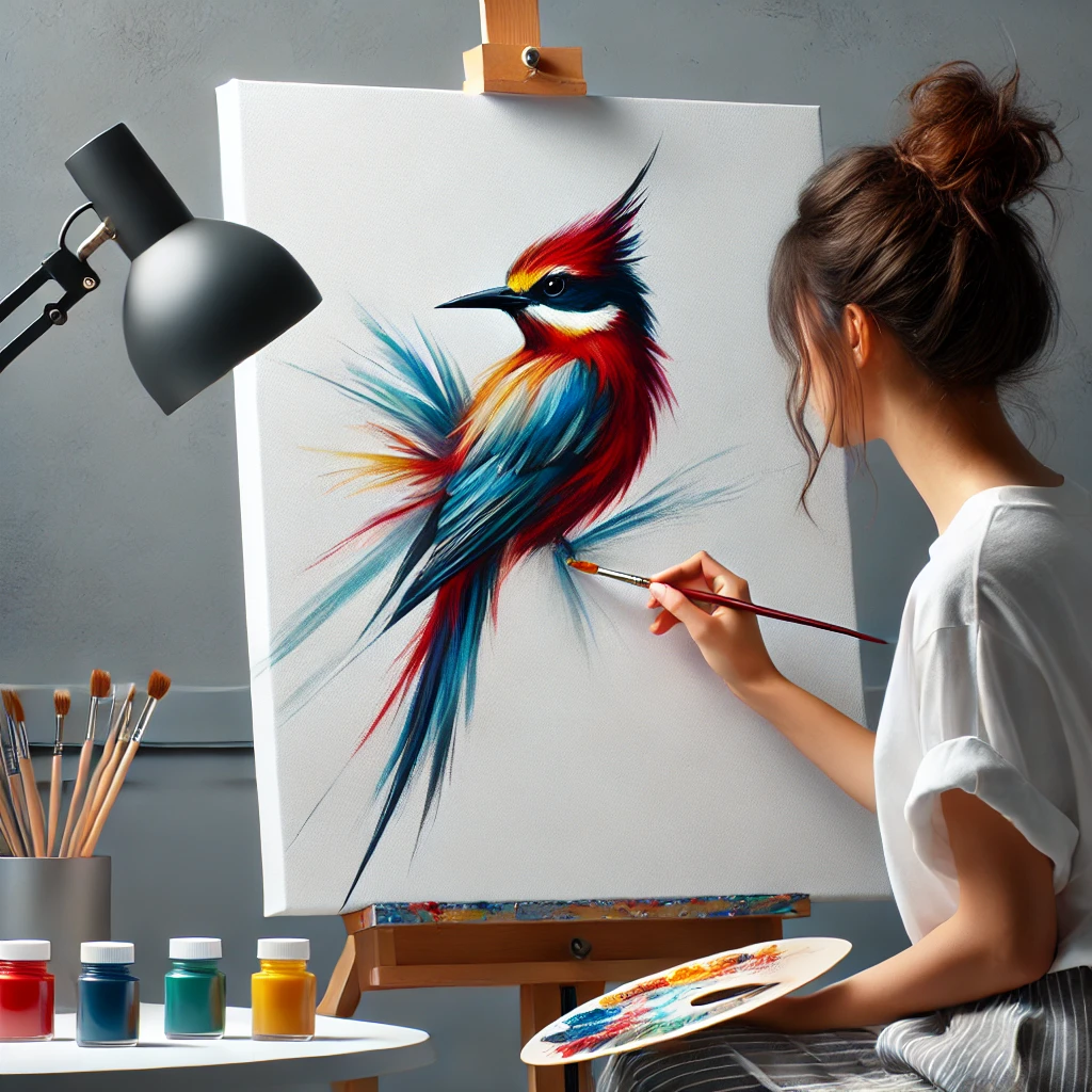 Woman artist painting a colorful bird on canvas, art supplies