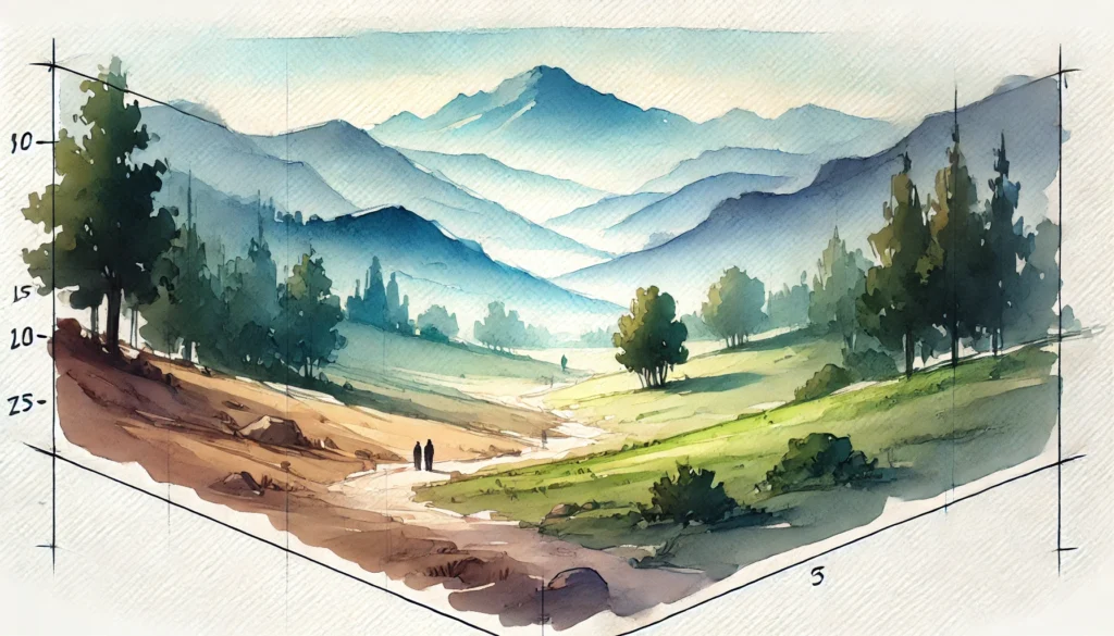 Watercolor painting of a mountain landscape demonstrating atmospheric perspective