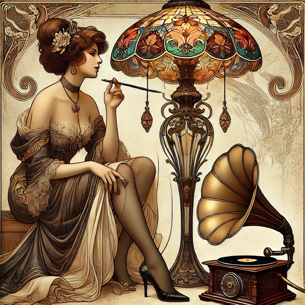 Art Nouveau woman with cigarette holder, Tiffany lamp, and gramophone