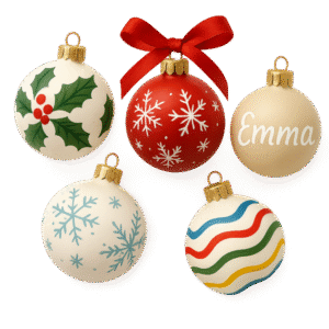 Decorated Christmas baubles with various festive designs and one personalized with a name.