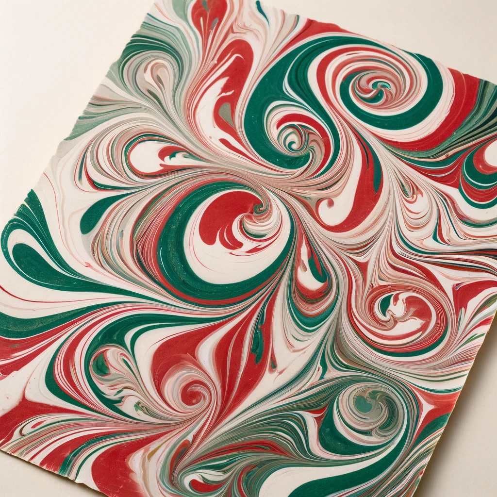 Marbling on paper with red, green, and white paint swirls
