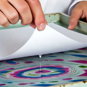 Marbled Christmas card paper being lifted from a marbling tray.