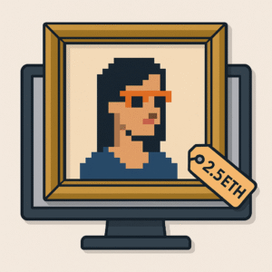 Pixel artwork of a framed NFT portrait on a monitor with a 2.5 ETH price tag.